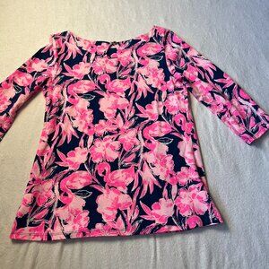 Lilly Pulitzer Women’s Silk Top Size Medium Royal Blue & Pink Flamingo Print